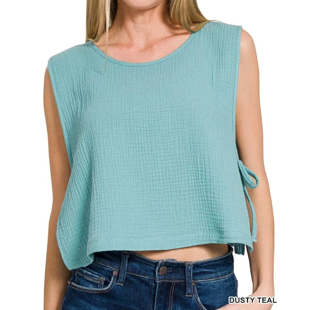 Zenana Double Gauze Side Tie Sleeveless Top Dusty Teal Boxy Cropped Tank Medium